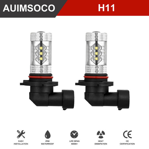 2x H8 H9 H11 Clear White LED High Beam Fog Light Bulbs Conversion Kit 6000K