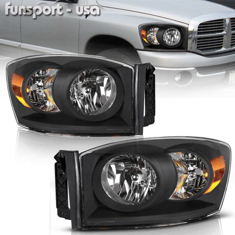 for 2006-2008 Dodge Ram 1500 2500 3500 Black Amber Headlights Headlamps Assembly