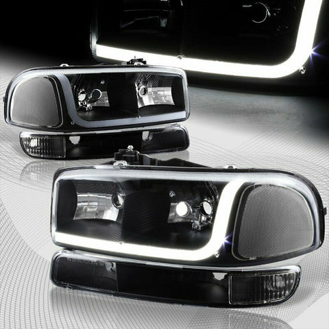 For 1999-2006 GMC Sierra 1500 2500 DRL LED Black Clear Headlights+Bumper 4PCS
