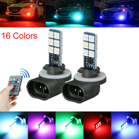 2pcs 881 5050 RGB LED 12SMD Car Headlight Fog Light Lamp Bulb 16 Colors W/Remote