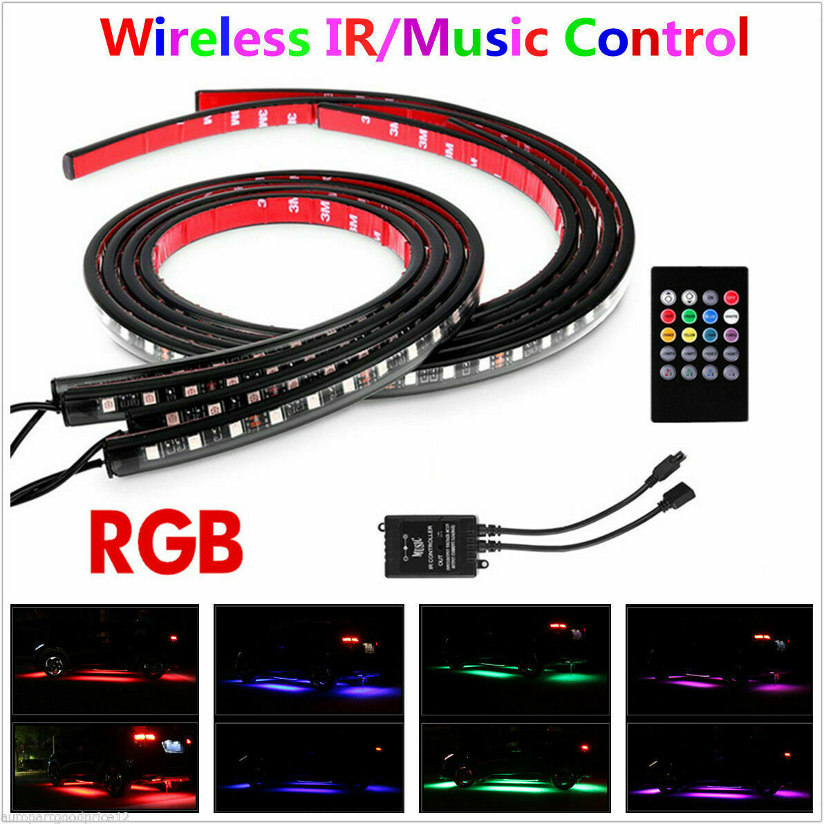 4pcs RGB Car LED Strip Under Tube Underbody Neon Light Kit W/ Music Control