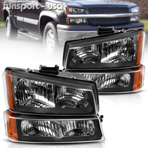 FOR 2003-2006 CHEVY SILVERADO BLACK HOUSING AMBER SIDE HEADLIGHTS/LAMP ASSEMBLY