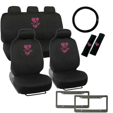 14pc Heart Pink ZEBRA Logo Black Car Front Back Seat Covers Steering Wheel Cover