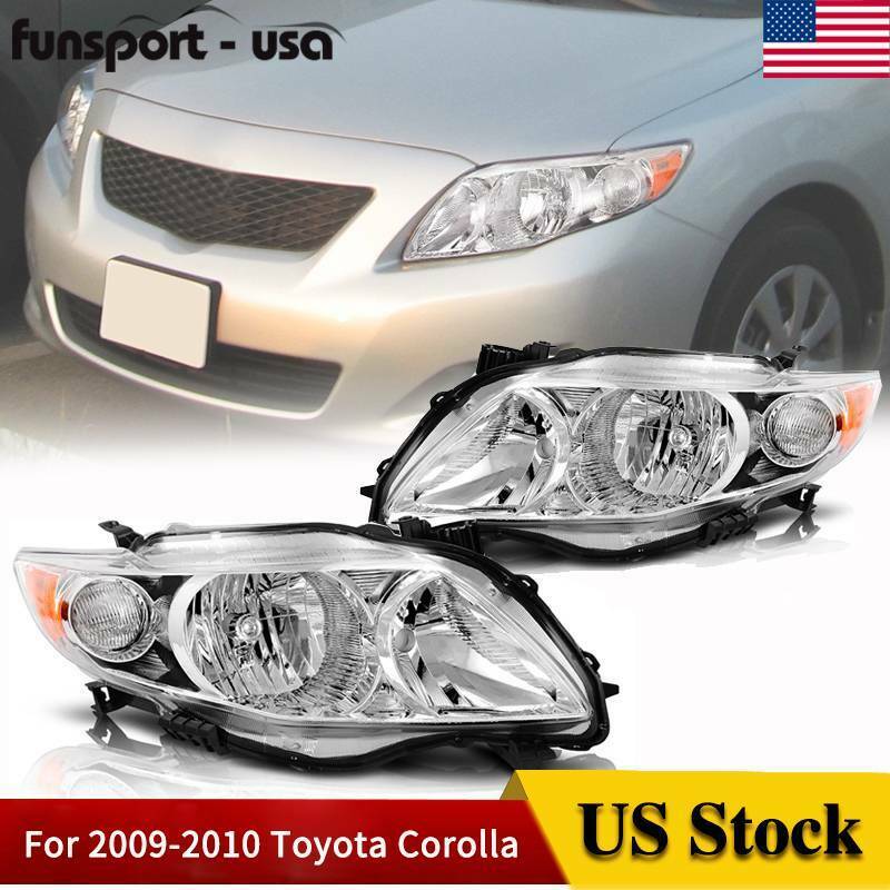 For 2009-2010 Toyota Corolla Chrome Housing Amber Corner Headlights Headlamp Set