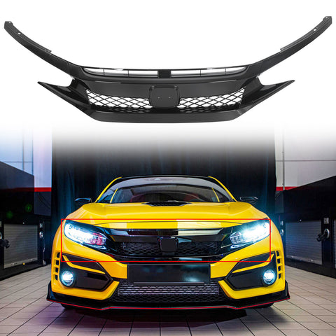 For 19-20 Honda Civic T-R Style Glossy Black Front Bumper Mesh Grille - ABS