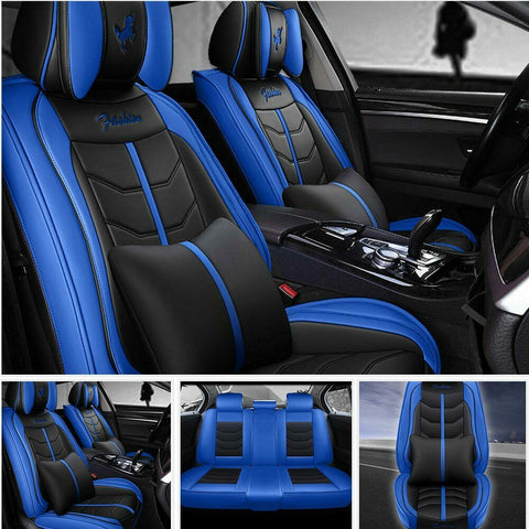 Deluxe 6D Blue Automotive Interior Cushion Leather 5-Seats Cover Set Full Wrap
