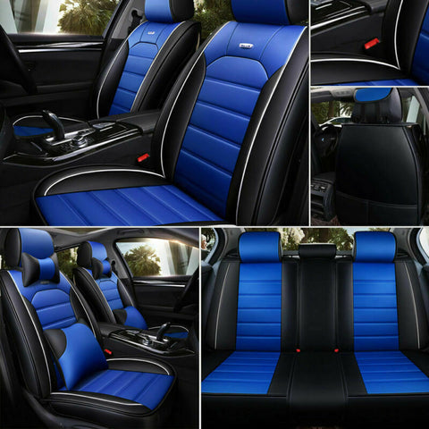 US 5-Seats 5D Car Sit Cover PU Leather Front Rear Universal Blue Car Accessories