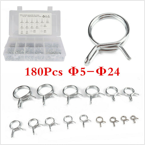 180Pcs Car Stainless Steel Spring Clamps Double Wire Fuel Line Hose Tube Kit