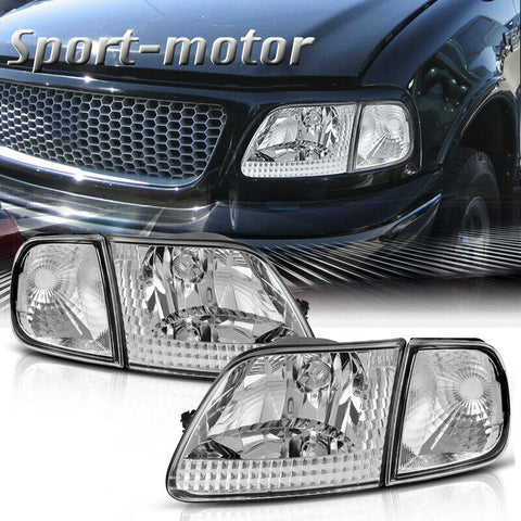 For Ford 97-03 F150 97-02 Expedition Chrome Housing Headlights W/ Clear Corner