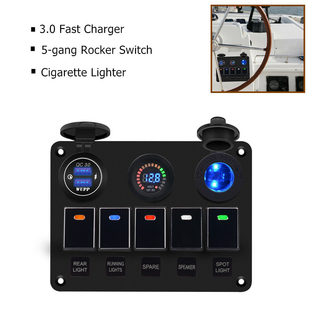 Waterproof Car Boat Rocker Switch Panel Gang w/Dual USB Socket Cigarette Lighter