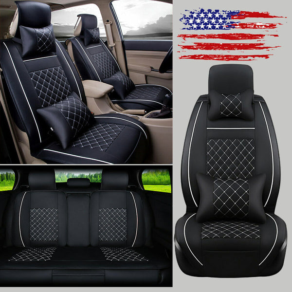 Universal PU Leather 5-Seat Car Seat Cover w/Pillow Full Set Front+Rear Cushions