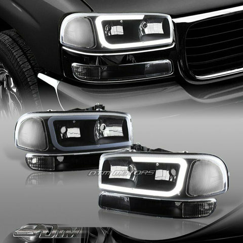 For 1999-2006 GMC Sierra 1500 2500 G2 DRL LED Black Clear Headlights+Bumper 4PCS