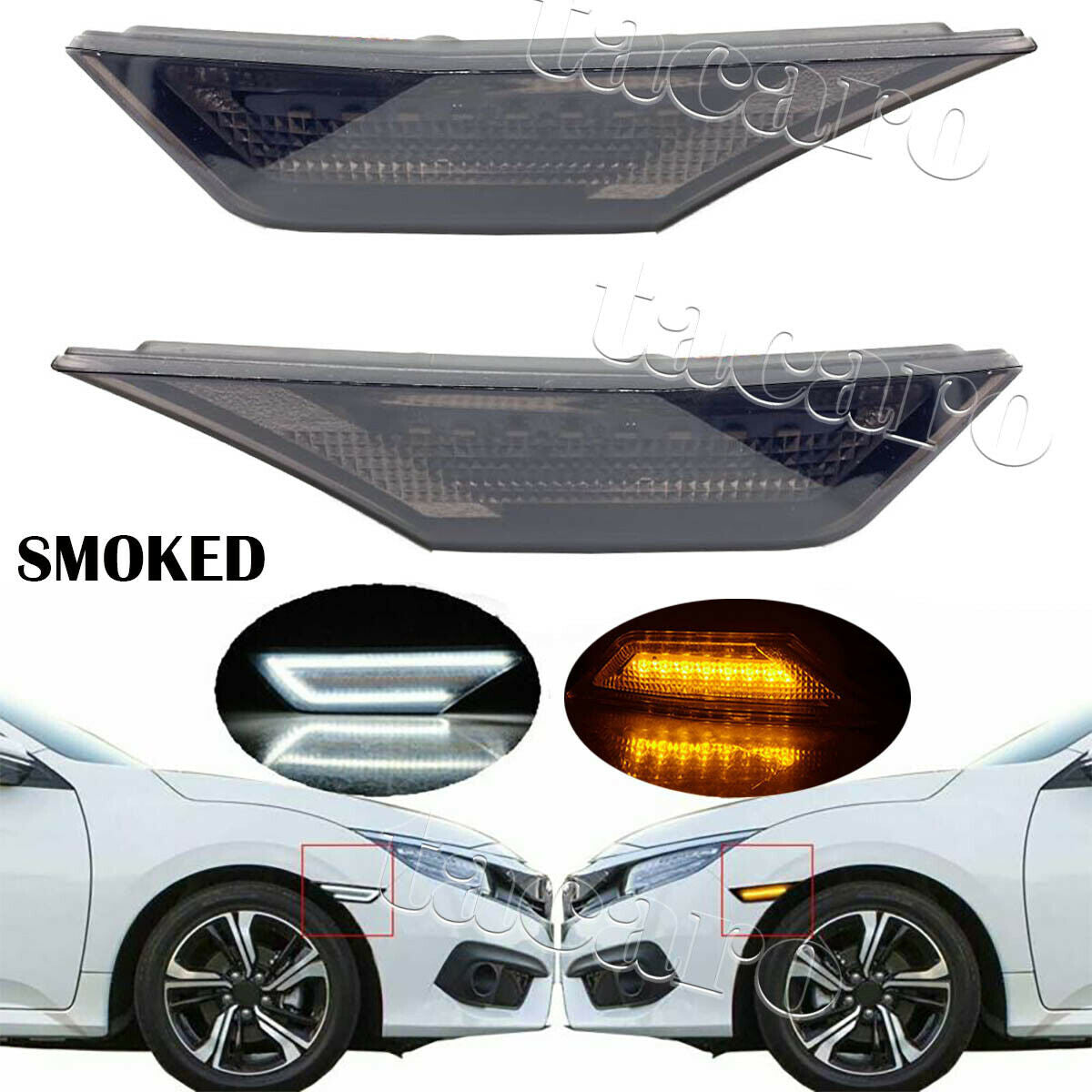 Smoked LED Side Marker Light for 2016-2020 Honda Civic Turn Signal DRL Lamp Kit