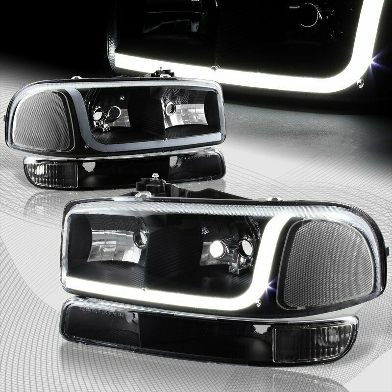 For 1999-2006 GMC Sierra 1500 2500 DRL LED Black Clear Headlights+Bumper 4PCS