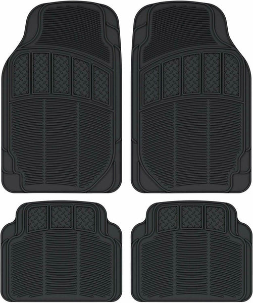 Black All Weather Rubber Car Floor Mats - Heavy Duty Ridges Diamond Grid Heelpad