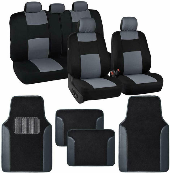 13pc Set Car Seat Covers Protection Set Black / Gray Two Tone Carpet Mats