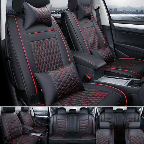 Black/Red 7pc Car SUV Seat Cover PU Leather 5-Seats Front+Rear Cushion & Pillows