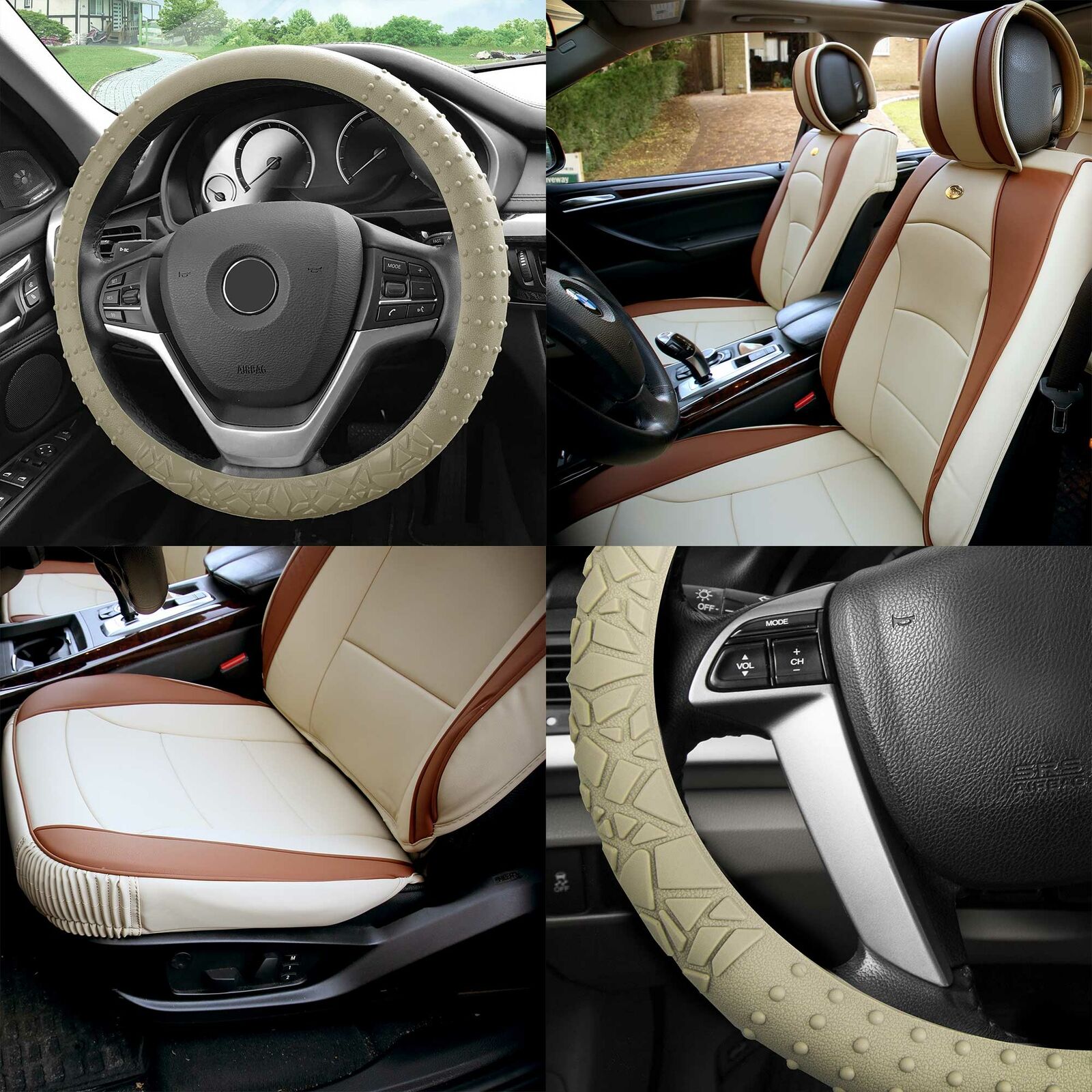 Beige Car Leatherette Seat Cushion Bucket Covers w/ Beige Steering Cover For SUV