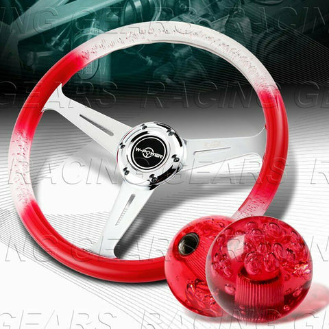 350MM RED W-POWER CRYSTAL BUBBLE STYLE 6-HOLE STEERING WHEEL+SHIFT KNOB SETS