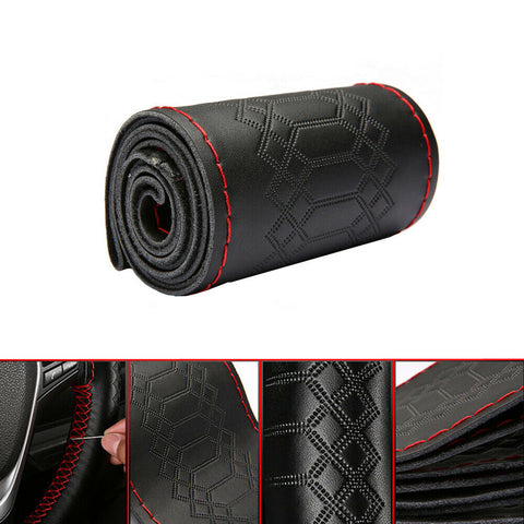 DIY 38cm Universal Car Genuine Leather Steering Wheel Cover Black & Red Thread