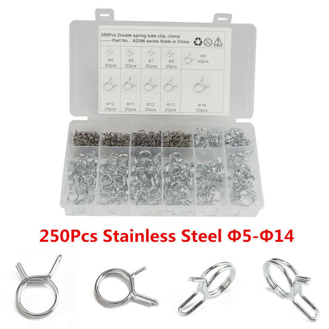 250Pcs Stainless Double Wire Fuel Line Hose Tube Spring Clamp Assortment Φ5-Φ14