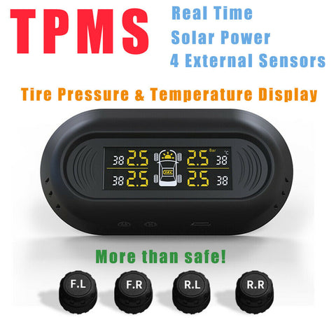 Car Tire Pressure Monitor System TPMS Real-Time 4 External Sensors Solar Power