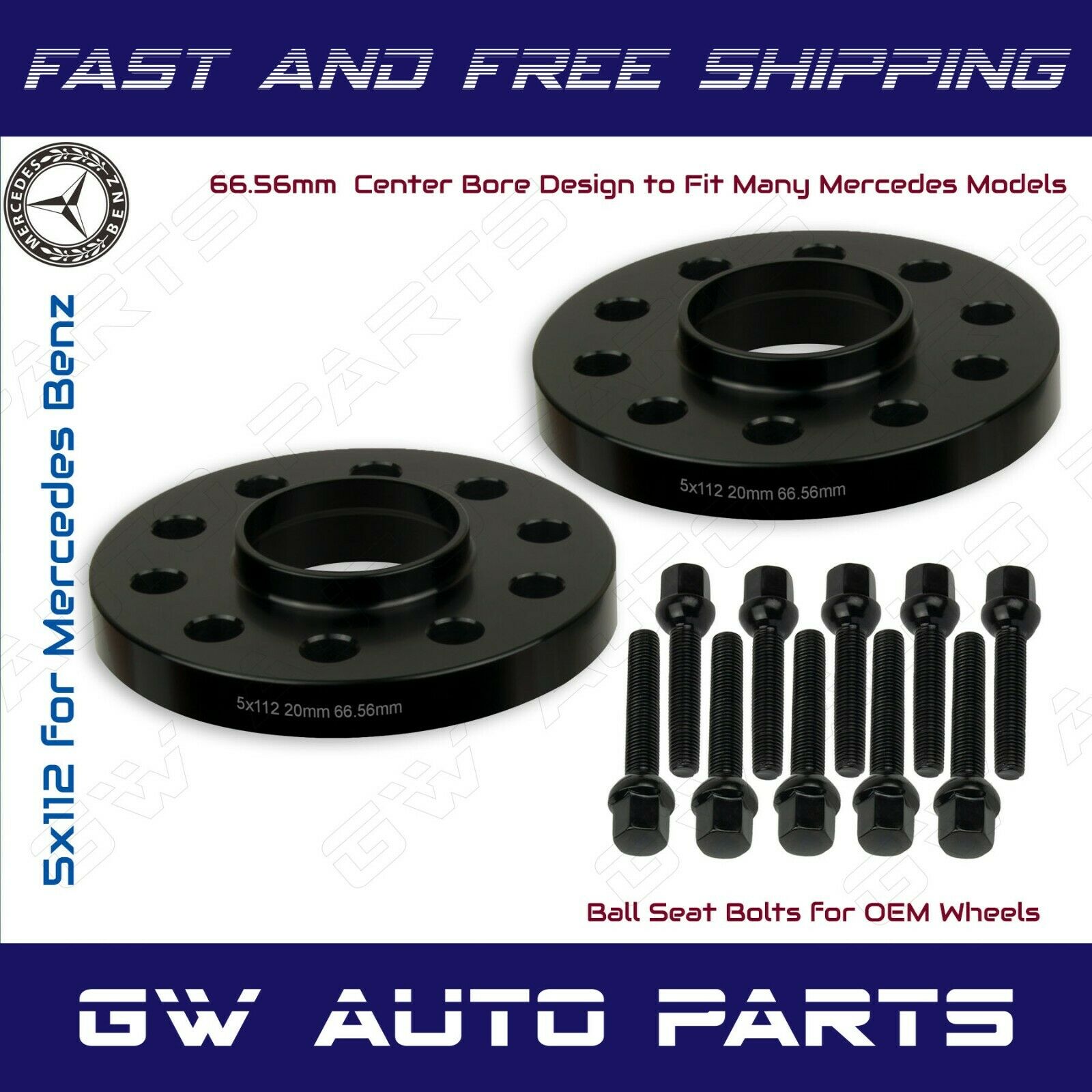 2 PCs 20mm Mercedes Benz 5x112 REAR Hub Centric Wheel Spacers W/lug Bolts Kit