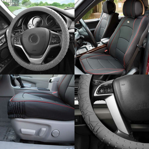 Black Red Leatherette Seat Cushion Bucket Covers w/ Gray Steering Cover For SUV