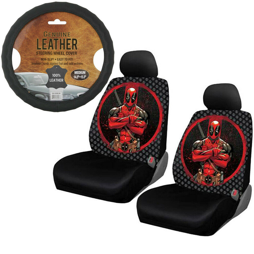 New Deadpool Repeater Car Truck 2 Front Seat Covers & Steering Wheel Cover Set