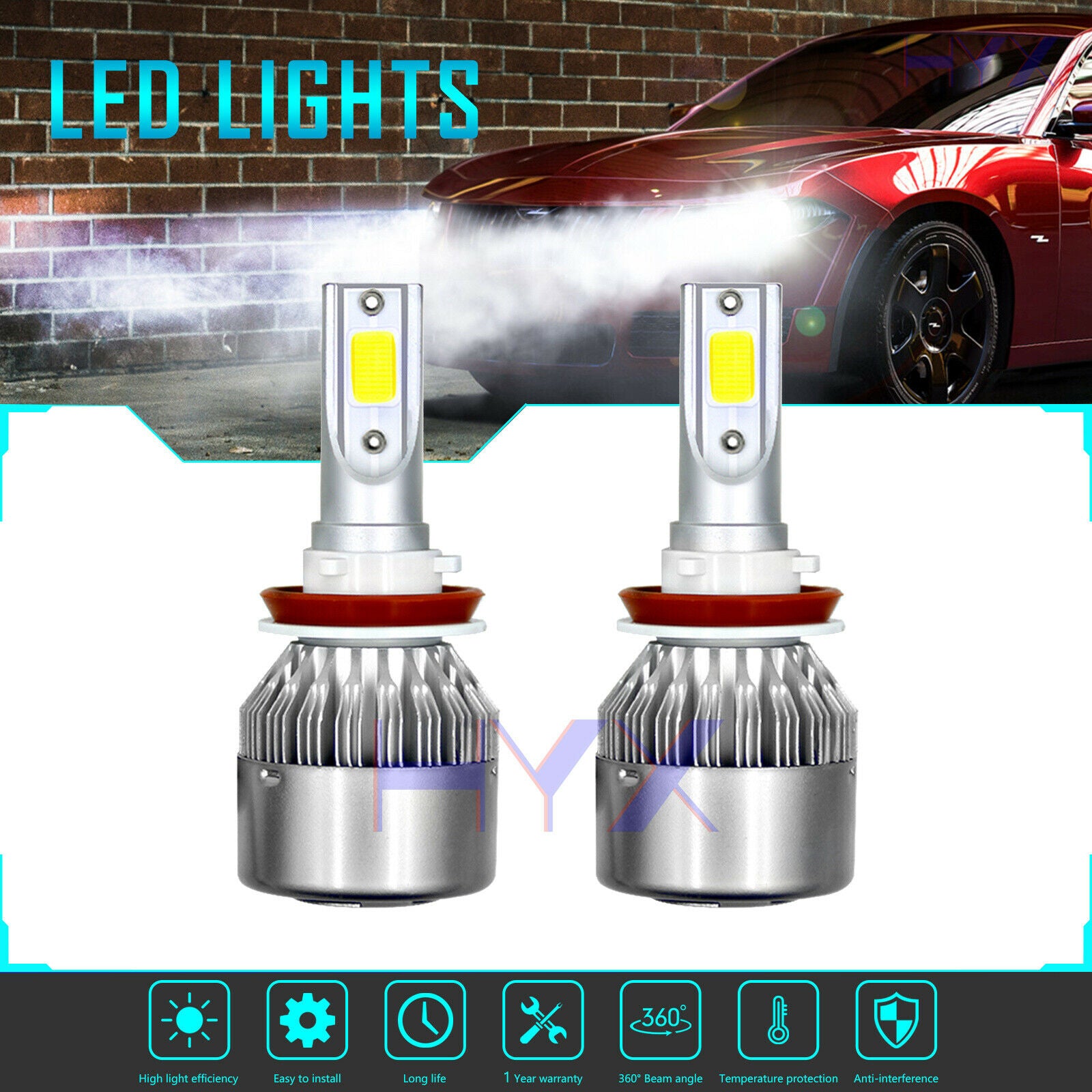 2x H11 H9 H8 LED Headlight Bulb Kit Low Beam Fog Light 60W 6000K 7600LM