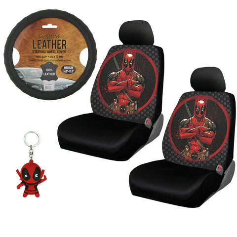New 6pc Marvel Deadpool Seat Covers Steering Wheel Cover & Keychain - Gift Set