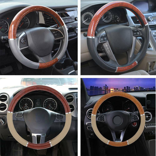 Wood Grain Car Steering Wheel Cover for Auto SUV Luxury Grip Syn Leather 38cm