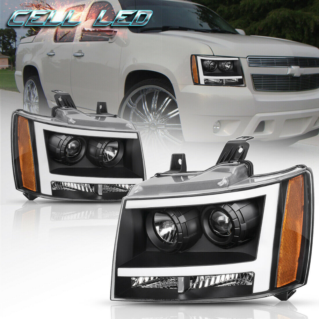 For 07-14 Chevy Avalanche/Suburban/Tahoe Black LED TUBE DRL Projector Headlight