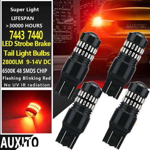 4X Red 7443 7440 LED Strobe Flashing Blinking Brake Light Tail Stop Parking Bulb