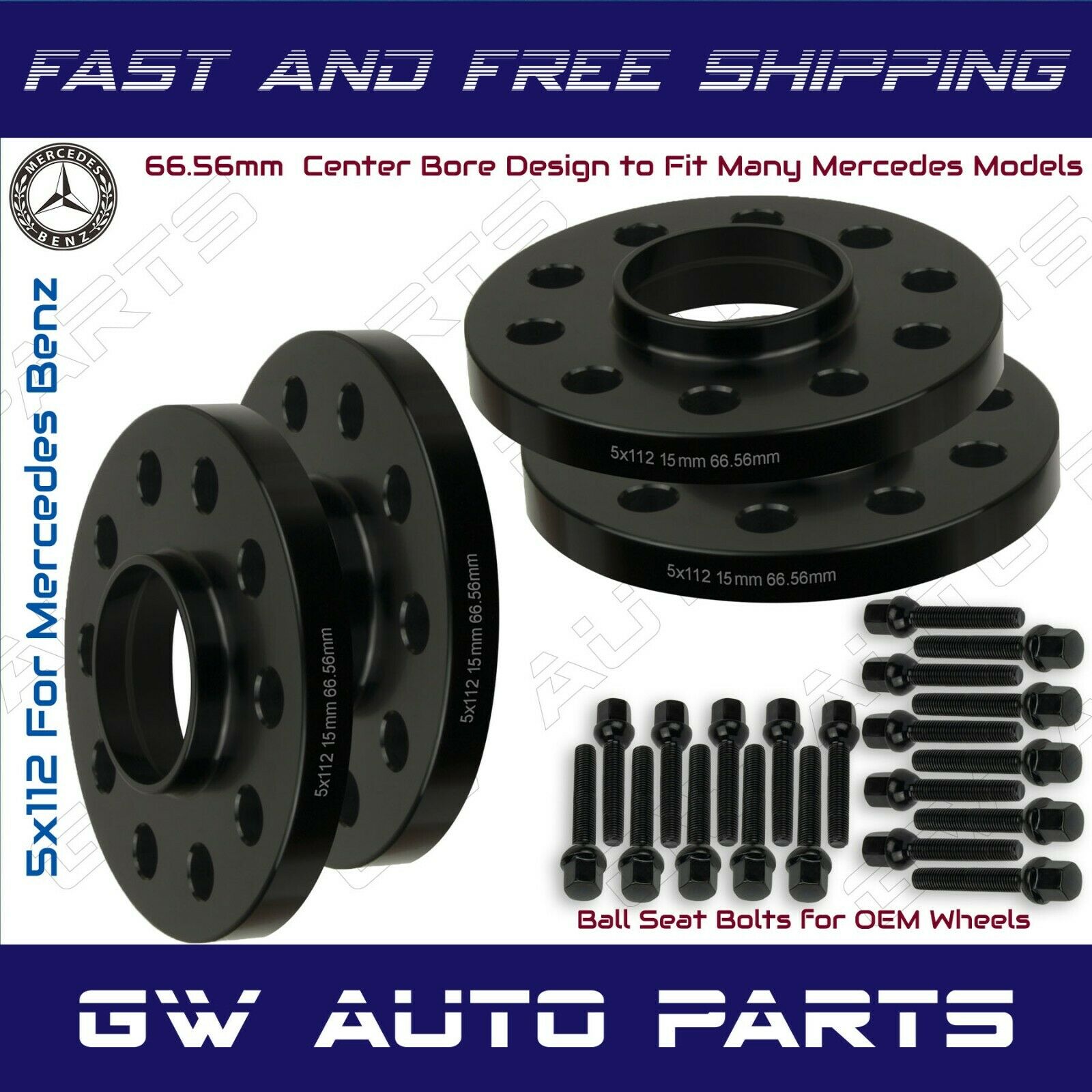 4 PCs 15mm Mercedes Benz 5x112 Hub Centric Wheel Spacers W/Ball lug Bolts Kit