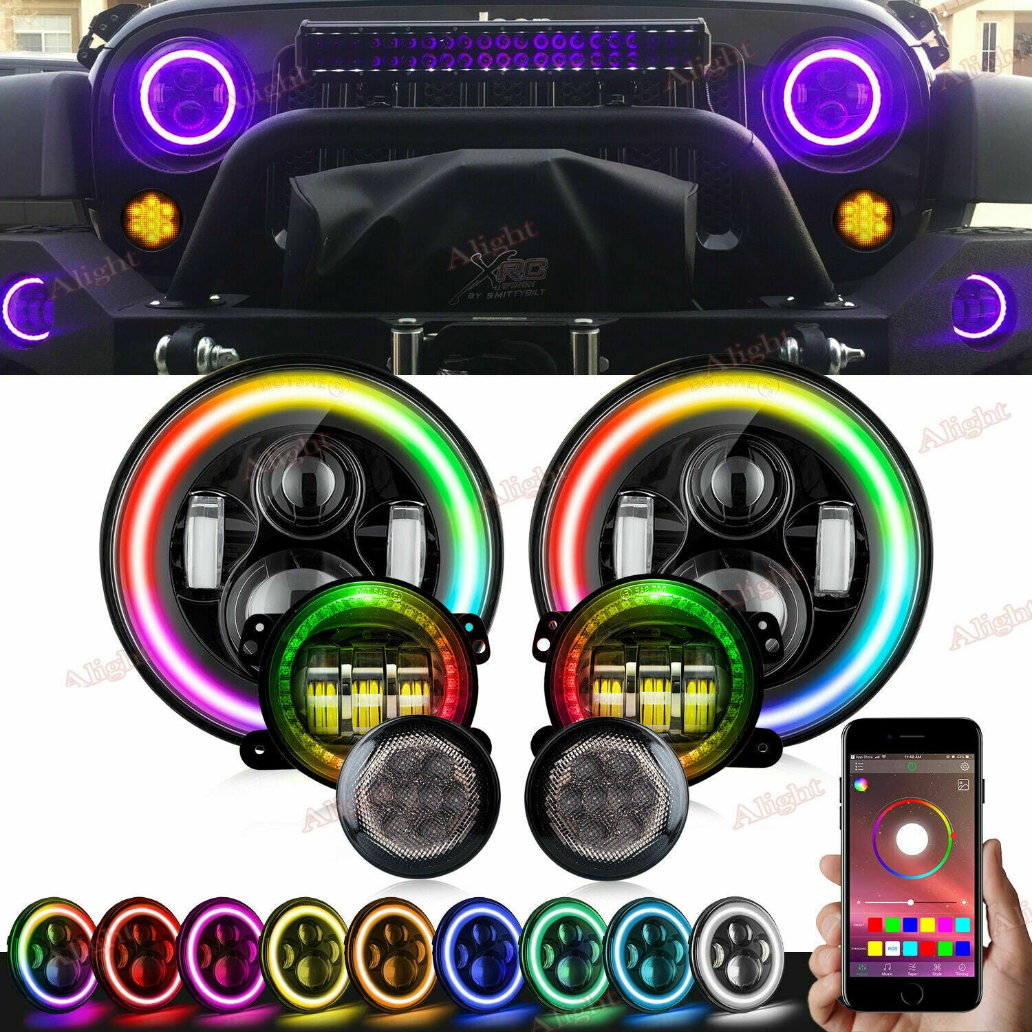 For 2007-2018 Jeep Wrangler JK Halo 7'' LED Headlights RGB Lights Fog Turn Combo