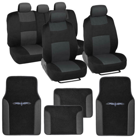 Car Seat Covers Set Black Charcoal Grey w/ PU Leather Trim Carpet Pad Floor Mats