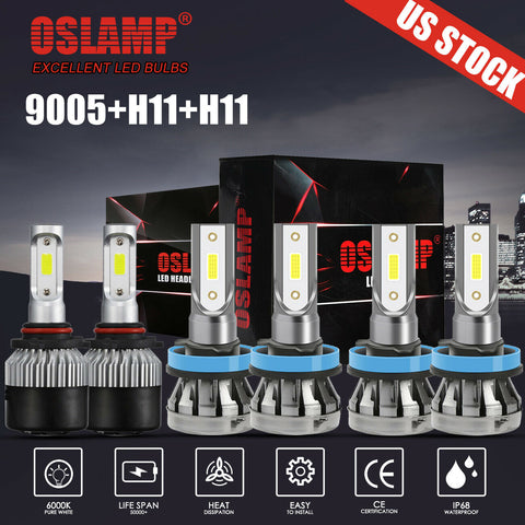 Combo H11 9005 H11 LED Headlight Conversion Bulbs High Low Beam Fog Light 6000K