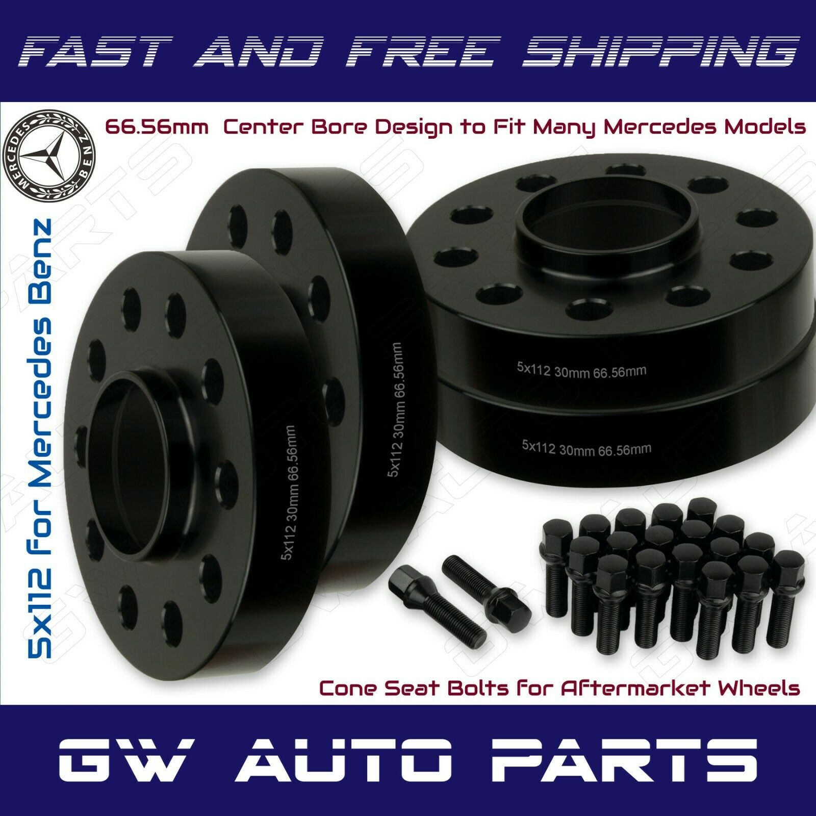 4 PCs 30mm Mercedes Benz 5x112 Hub Centric Wheel Spacers W/Cone lug Bolts Kit