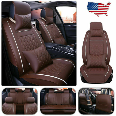 Car Seat Cover PU Leather 5-Seats Front+Rear Cushion W/Pillows Set Accessories