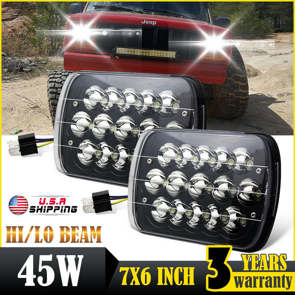Black 7x6 Pair LED Headlights 1986-1995 Jeep Wrangler YJ 1984-2001 Cherokee XJ