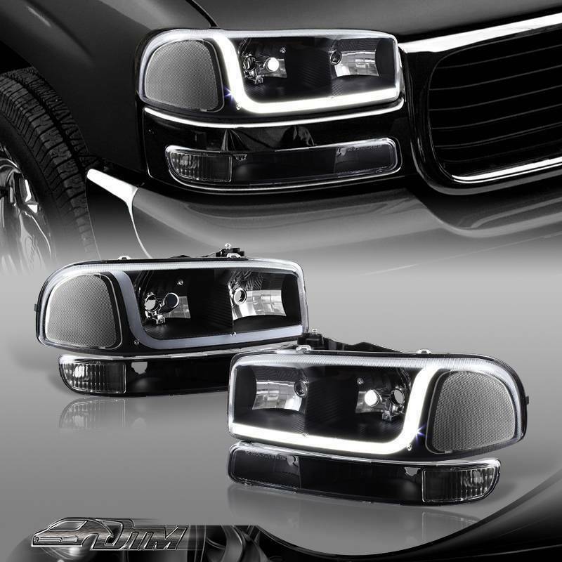 1999-2006 GMC Sierra 1500 2500 DRL LED Black Headlights +Bumper+Clear Reflector