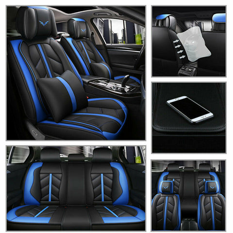 Deluxe B&Blue Automotive Interior Car Seats Cover PU Leather Full Wrap W/Pillows