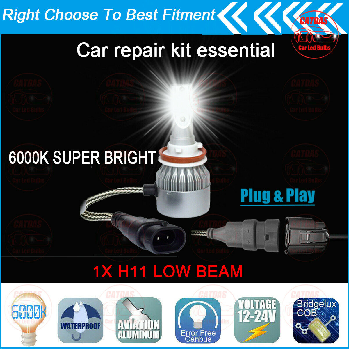 1Pcs H11 H9 LED Headlight Bulb Low Beam 6000K White 36W 3800LM Free Replacement