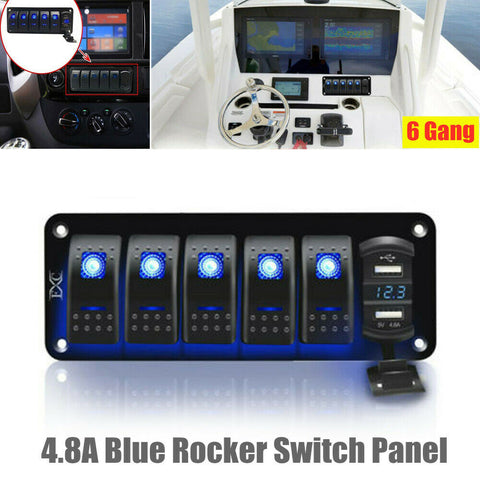 6 Gang DC12V/24V 4.8A Car Marine Boat RV LED Rocker Switch Panel Circuit Breaker