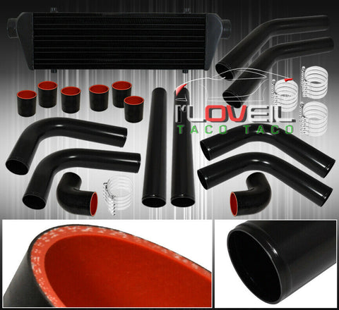 Fin Tube Fmic Front Mount Turbo Intercooler + Black Aluminum Piping Kit + Hoses