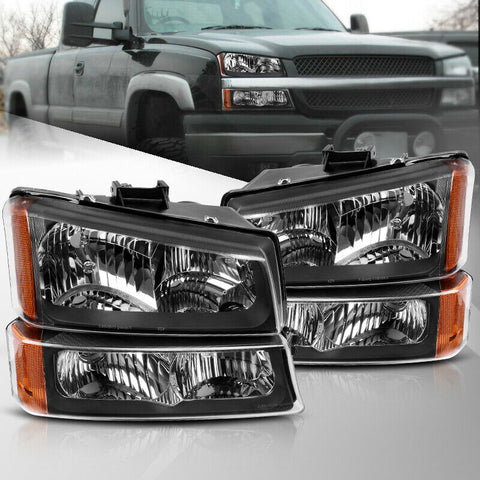 For 2003-2007 Chevy Silverado Headlights+Bumper Parking Light Lamp Black Housing