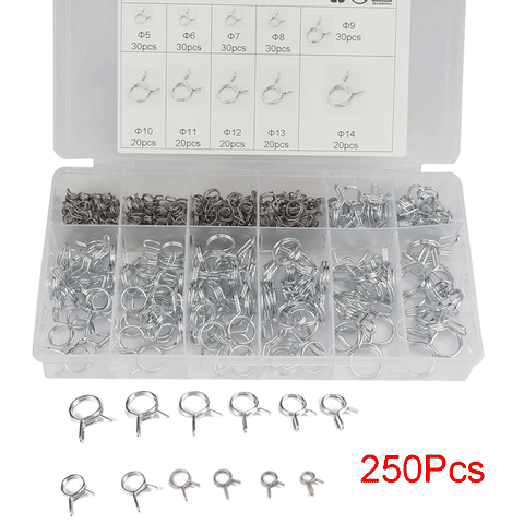 250pcs Boxed Double Wire Fuel Line Hose Tube Spring Clamps Assortment Kits Steel