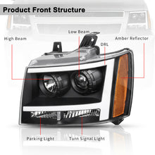 For 07-14 Chevy Avalanche/Suburban/Tahoe Black LED TUBE DRL Projector Headlight