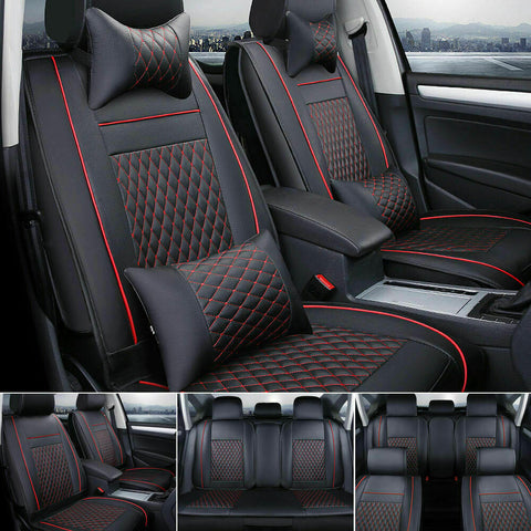 Car Seat Cover Front & Rear Auto 5-Seats Cushion W/Pillows PU Leather US Size M